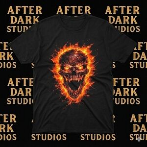 Gildan Men's Black Tee with Fiery Skull Design